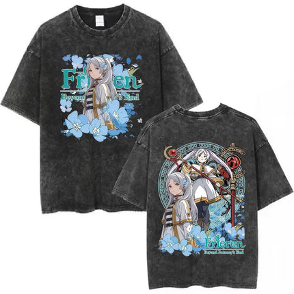 Anime Frieren: Beyond Journey's End Graphic Washed Vintage T-shirt Men's Women Fashion Short Sleeve Cotton Casual Loose T Shirts