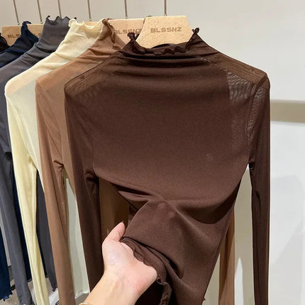 High Neck Sheer Mesh Top Women Clothing Long Sleeve Turtleneck T-shirt Korean Sexy See Through Black White Beige Shirt New