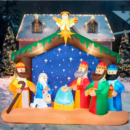 JOYFY 8 FT Long Christmas Inflatables Nativity Scene Christmas Nativity Set with Build-in LEDs for Xmas Party Yard Décor