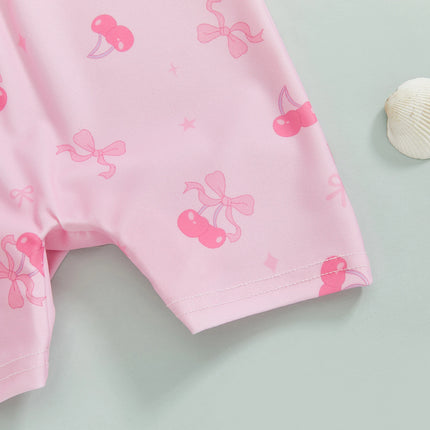 Summer Toddler Baby Girl Short Sleeve Swimwear Bathing Suit Infant Rash Guard Swimsuit Kids Cherry/Bow Print Zipper Beachwear