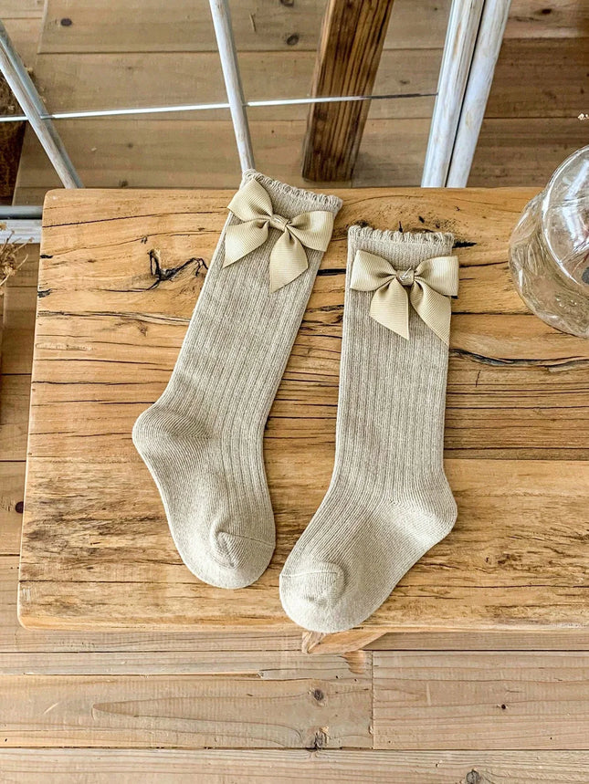 2 Pairs Girls Socks with Side Bowknots Decoration,Fashion Soft and Breathable Non-Slip Princess Stockings for 0-72 Months Babies