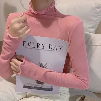 High Neck Sheer Mesh Top Women Clothing Long Sleeve Turtleneck T-shirt Korean Sexy See Through Black White Beige Shirt New