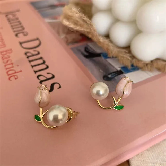 2025 Trendy Fashion Pink Tulip Necklace Earrings Women's Set Temperament Party Sweet Simple Jewelry Set Accessories Gifts