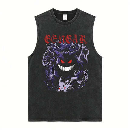 Men's Gengar Gastly Haunter Pokemon Vintage Washed Tank Top, Casual Cotton Sleeveless Anime Tee