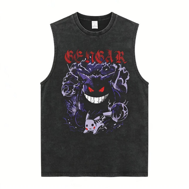 Men's Gengar Gastly Haunter Pokemon Vintage Washed Tank Top, Casual Cotton Sleeveless Anime Tee