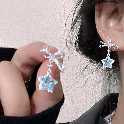 Kpop Y2K Blue Crystal Star Pendant Earrings for Women Exquisite Elegant Zircon Bowknot Pentagram Earrings Jewelry Birthday Gifts