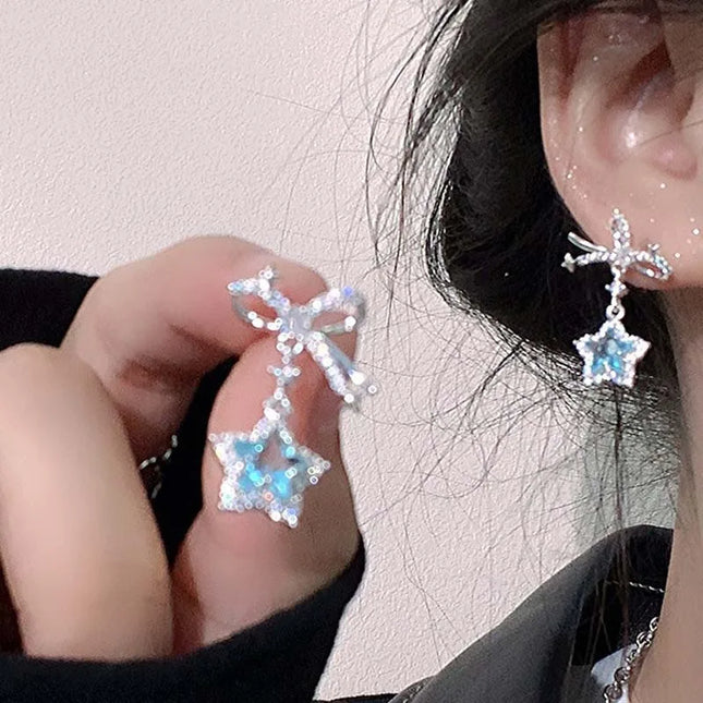 Kpop Y2K Blue Crystal Star Pendant Earrings for Women Exquisite Elegant Zircon Bowknot Pentagram Earrings Jewelry Birthday Gifts