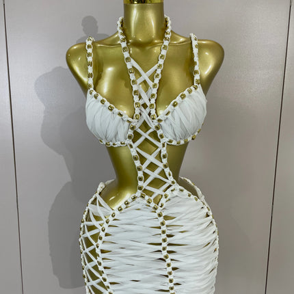 2026 Women Sexy White Halter Neck Perspective Hollow Mini Dresses Summer Backless Nightclub Party Evening Club Performance Dress