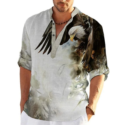 Men's 3D Button Shirt T-shirt Summer New Fashion Personalized Graffiti Standing Collar Casual Long sleeved Shirt Extra Large