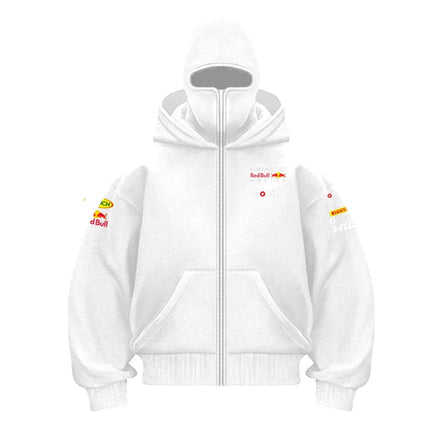 Red Bull Men's Zippered Hooded Sweatshirt Warmth and Casual Sports Wear with Zipper Face Mask Design Sports Jacket Racing Suit