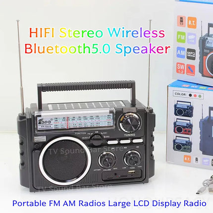 FP-722-S Dual Solar Charging AM/FM/SW1-2 4-band Radios HIFI Stereo Bluetooth Speaker Portable Mp3 Music Player Built in Speakers