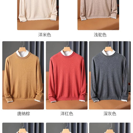 100% Wool Round Neck Solid Color Knitted Sweater Men's Pullover Long Sleeved Loose Sweater Business Casual Simple Cashmeres 2026