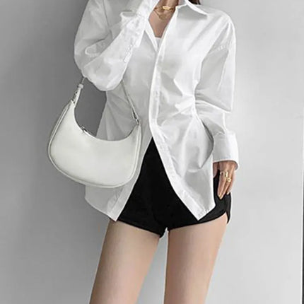 JOEVILU White Shirt Women’s Waist-defining Blouse Slim Fit Long Sleeve Tops Figure-hugging Office Shirts Korean Style Clothes
