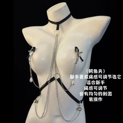 Women's Nipple Clamps Body Chain with Tassel Bells and Pearl Chain Body Restraint SM Fetish Toy Couples Flirtation Adult Toy