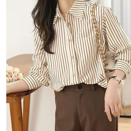 Women's Striped Shirt Casual Long Sleeve Fashion Outerwear Korean Style Spring Autumn New Arrival Elegant French Feel Top