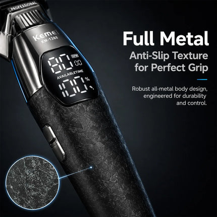 Kemei KM-1388 Full Metal Professional Hair Trimmer for Men DLC Blade T-Blade 8000RPM 5W Motor LED Display 1200mAh Hair Clipper
