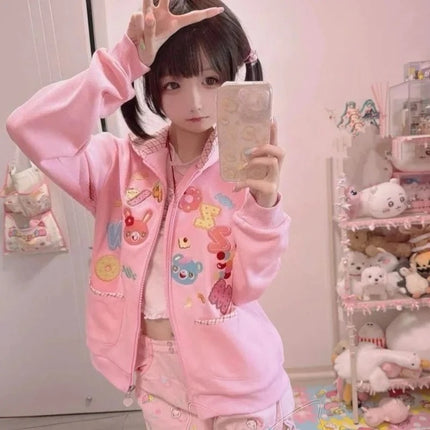 Y2k Harajuku Sweet Girls Pink Hoodies Japanese Kawaii Cartoon Print Long Sleeve Hooded Zipper Coats Women Cute 2000s Chic Jacket