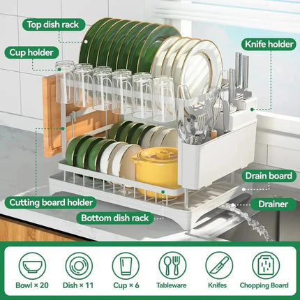 2 Tier Dish Drying Rack Large Rustproof Kitchen Drainer with Drainboard Organizer