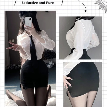Sexy Pure Desire Summer Top Skirt Set Secretary Style OL Career White Shirt Women's Slim Fit Casual Fashion V-neck Polyester