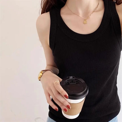 Summer 2026 Slim Fit Elastic Ribbed Cotton Knitted Vest Women's Base Layer Tank Top Anti-Light Inner Wear Straight Cut Regula...