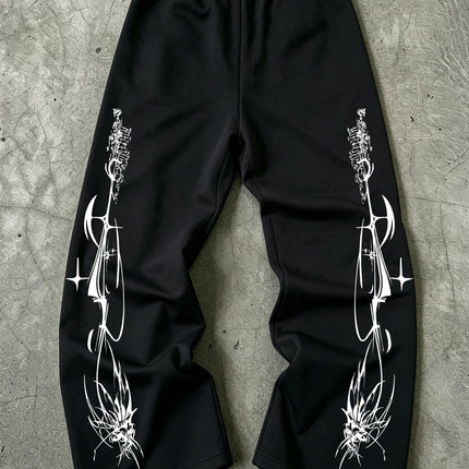 Y2K Dark Punk Abstract Gothic Cross Star Print Mens Baggy Wide Leg Sweat Pants Loose Straight Drawstring Hip Hop Street Joggers