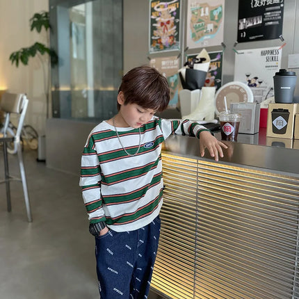 2025 Autumn Children's Clothes Girls Long-Sleeved Base Shirts Cool Boys Striped Cotton T-Shirt Teen Loose Casual 2-7Y Kids Top
