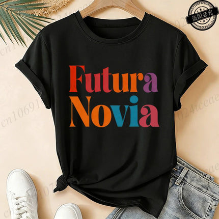 Women's Casual Short Sleeve T-Shirt Spanish Girl Bachelorette Party Graphic T-Shirts- Black White, Medium Stretch Round Neck