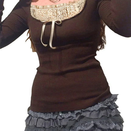Y2k Women's Long Sleeve Knitted Tops Lace Stitching Neckline Knitwear Bowknot Decoration Slim-Fit T-shirt Pullovers Clubwear