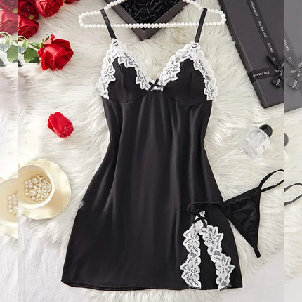 Night Sets Adult Micro Dress V Neck Babydoll Women's Pajamas Sexy Costume Lace Nightgowns Sexi Sleepdress Underwear Thongs Suit