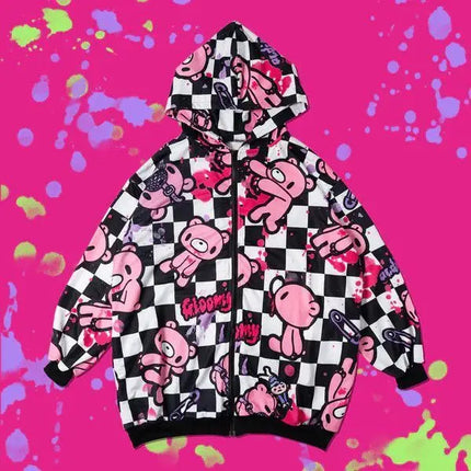American Yami Kawaii Loose Hooded Coat High Street Y2K Hoodie Women's Cartoon Printed Bear Long Sleeve Coat Subculture Graffiti