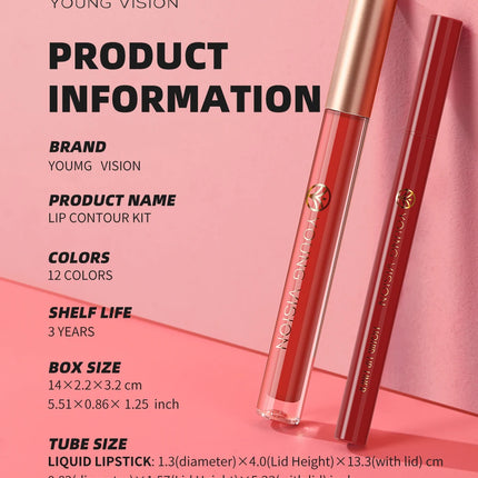 YOUNG VISION Lip Glaze + Lip Liner set liquid Lip Liner Waterproof non-stick cup Moisturizing easy color 12 color lip gloss