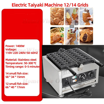HomeWise Taiyaki Maker 1400W Fish Shaped Waffle Machine 12PCS/14PCS Taiyaki Waffle Maker Non-stick Coating Electric/GAS
