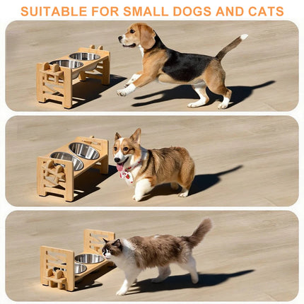 Elevated Puppy Bowls Food Mat Raised Dishes Food and Water Feeder 15° Tilted Stand 2 Stainless Steel Bowls for Small Dogs Cats