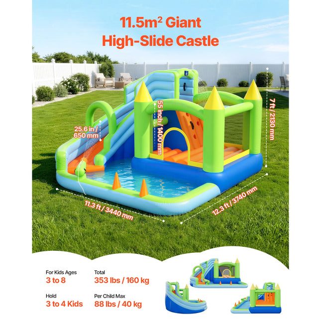 SucceBuy 11.3x12.3x7.0 ft Inflatable Bounce House with Castle Bounces Splash Pool & Water Ring Toss for 3 to 4 Kids Ages 3 to 8