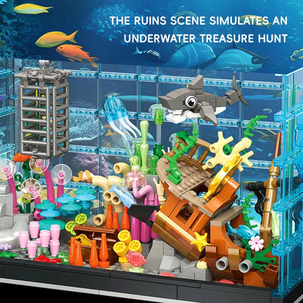856PCS Diving Adventure Fish Tank with Lights Building Blocks Set, Creative Ornament, Educational Toy, Kids Birthday Gift