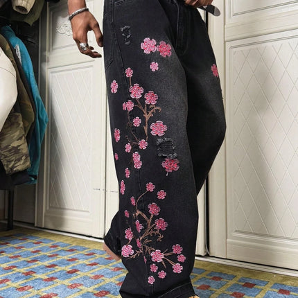 Men's Black Vintage Loose Wide-Leg Jeans, Four-Season Street-Style Ripped Denim Pants with Cherry Blossom Embroidery