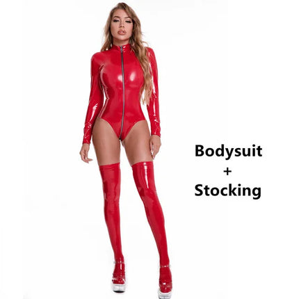 Sexy Women Double Zipper Open Crotch Catsuit PVC Latex Bodysuit Wetlook Faux Leather Jumpsuits Ladies Shiny Latex Bodysuit