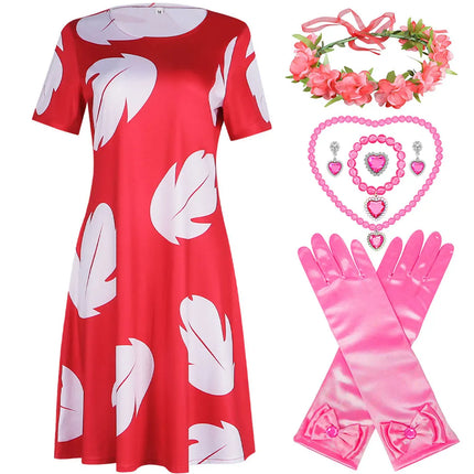 Disney Baby Lilo Stitch Dress For Girl Interstellar Animation Cosplay Short Sleeve Cute Printed Dress + Doll Accessories Set