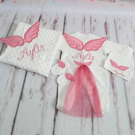 Personalized Name Baby Coming Home Outfit Angle Wing Infant Cotton Romper Onesie Blanket Pregnancy Embroidery Laurel Tree Gift