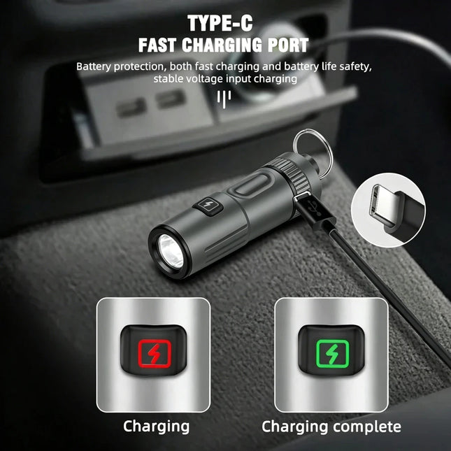 Mini Keychain Flashlight USB Rechargeable LED Pocket Torch with Necklace Portable 6 Lighting Modes Camping Emergency Lantern