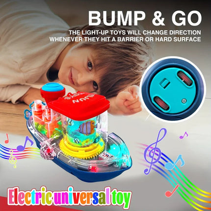 Transparent Gear Ship，Electric Universal Fun Toy，Cool toys that kids love（Battery not included），Colorful Lights，Melodious Music，