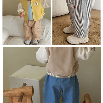 2026 Fall New Toddler Kids Pants Cotton Cartoon Embroidered Harem Pants Baby Boy Casual Striped Denim Baggy Trousers