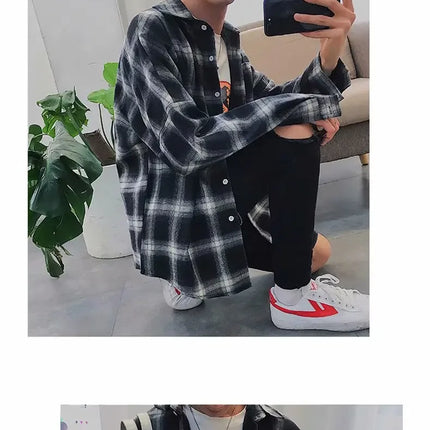 Casual Plaid Long Sleeve Men's Shirt Autumn Korean Style Loose Fashionable Outerwear Couple's Casual Shirt Comfortable Fit