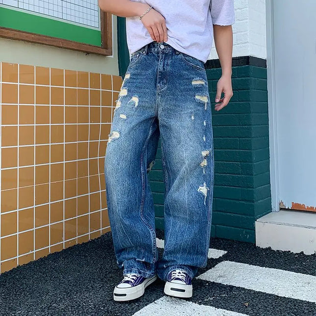 2026 Men's Wide-Leg Jeans New Retro Trendy Distressed Ripped Loose Jeans