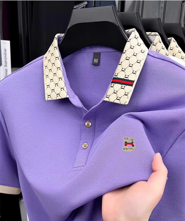 Luxury brand B letter embossed short sleeve polo shirt men's summer lightweight breathable new fashion color-blocked lapel T-shirt