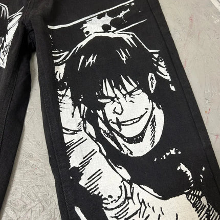 Harajuku anime characters printing jean new wide leg denim pants y2k mens jeans streetwear style couples trouser black jeans