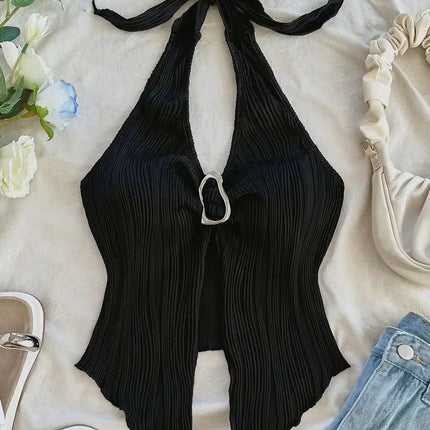 Sexy V-neck Halter Neck Crop Top for Women Summer Sleeveless Solid Split Backless Top Y2K Clothes