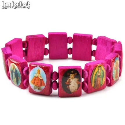 Wooden Rosary Jesus Bracelet Elastic Coloured Beads Catholic Bangle Picture Of Religious Saints Holy Gods Devotion Bracelet