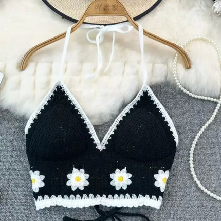 National Style Women's Swimwear Top with Chest Pads Bohemian Beach Wear Outfit Crochet Halter Neck Summer Sling Beach Vacation