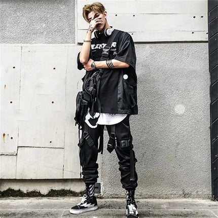 Men's Cargo Pants Casual Hip Hop Hit Color Multiple Pockets Trousers Streetwear Black Punk Ribbons Techwear Sweatpants Boys